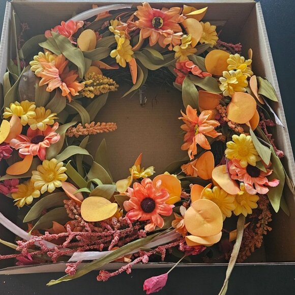 22" Fall Autumn Wreaths for Front Door Orange Daisy Wreath with Grain Ears - Picture 3 of 12